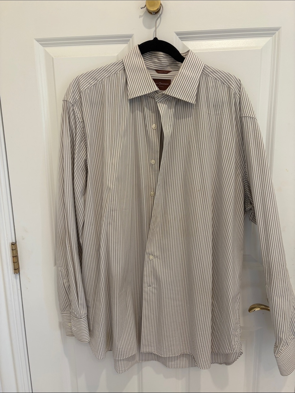 Hickey Freeman White Dress Shirt with Thin Gray Stripes